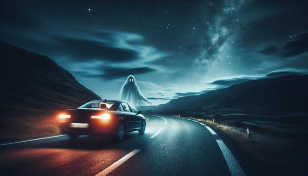 A spooky woman standing on the side of a deserted highway at night.