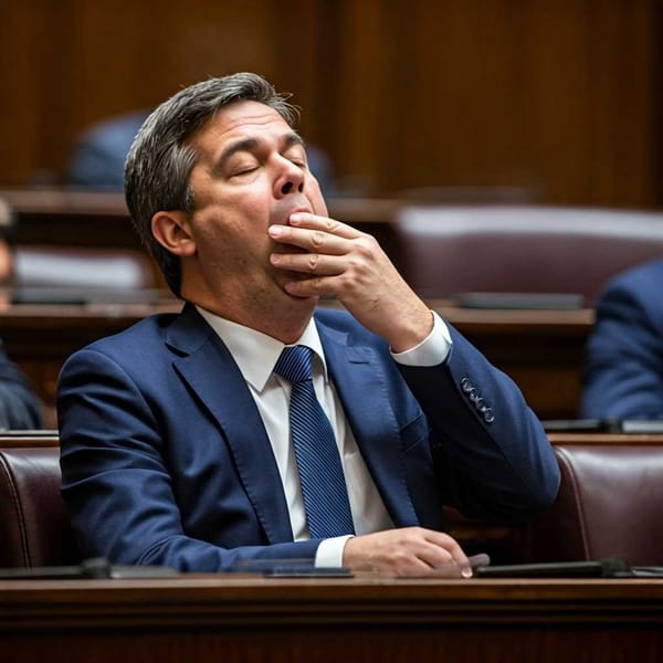 A tired-looking lawmaker yawning during a long legislative session.