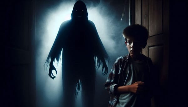 A young boy looks on in fear as a shadowy figure walks towards him.