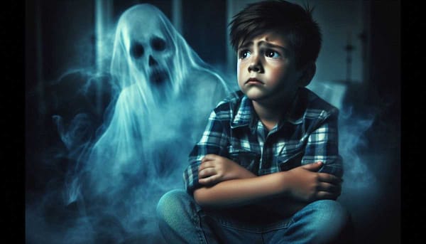 A young boy looks on, seemingly unfazed by the ghostly activity around him.