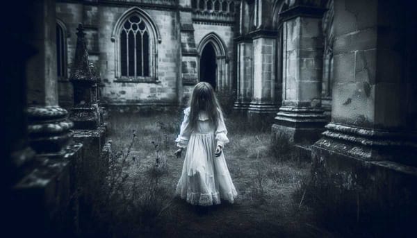 A young girl, seemingly lost, wandering the grounds of an ancient church.