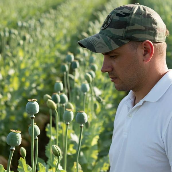 A young man working in a field, surrounded by poppy plants.