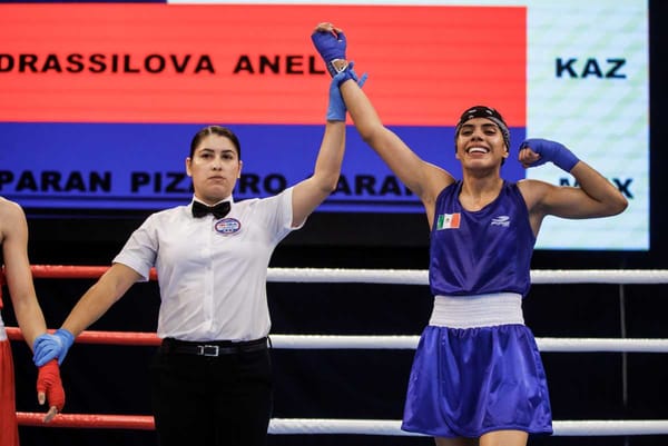 Mexican boxer Valeria Amparán celebrates her victory at the IBA Youth World Championships.