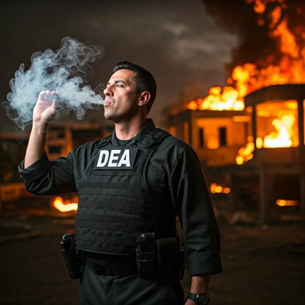 DEA agent blowing smoke rings, with a backdrop of a burning Mexican village.