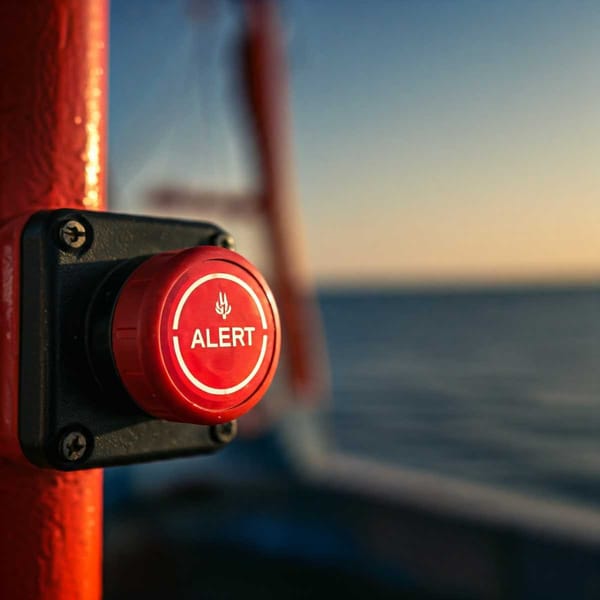 Emergency button system installed on Mexican fishing vessel, featuring a red alert button.