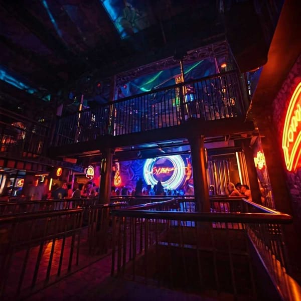 Neon lights and lively clubs in Cancun's adult entertainment scene.