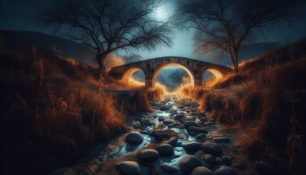 Night scene of an old stone bridge over a dried irrigation ditch in Guerrero, Mexico.