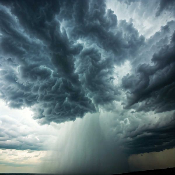 Sky with dark clouds and heavy rain, illustrating the destructive power of the DANA phenomenon.