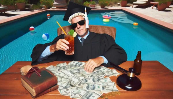 A photo of a Supreme Court judge lounging by a pool with a drink in hand.