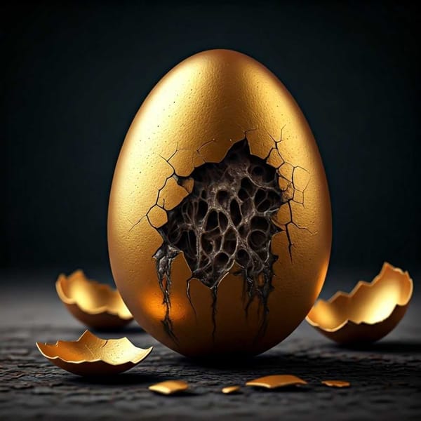 A photo of a golden egg cracking open to reveal a rotten interior, symbolizing the corrupt practices.