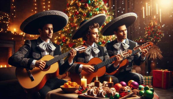 A colorful image of a mariachi band playing Christmas carols in a festive setting.