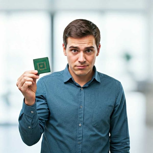 A person holding a semiconductor chip, with a confused expression.