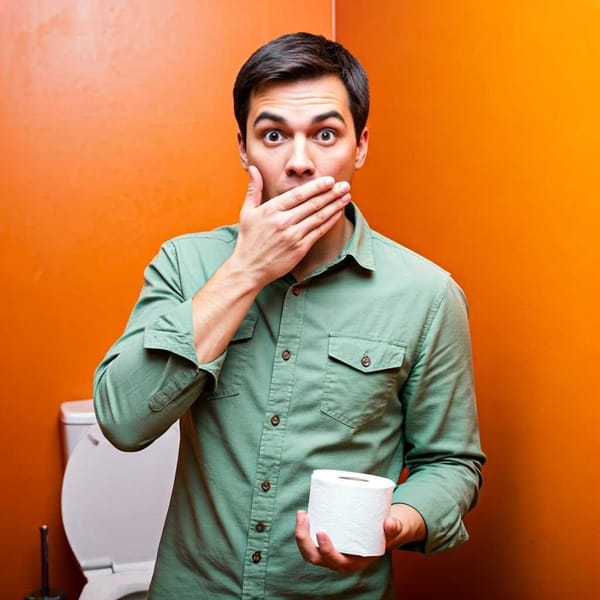 A person looking bewildered at a public bathroom in Mexico, holding a roll of toilet paper.