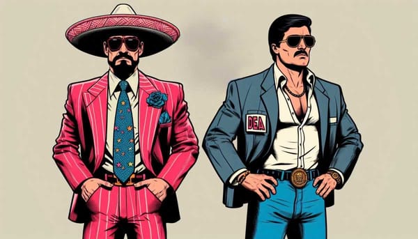 A satirical take on the stylish attire of both DEA agents and drug cartel members during the 1980s.