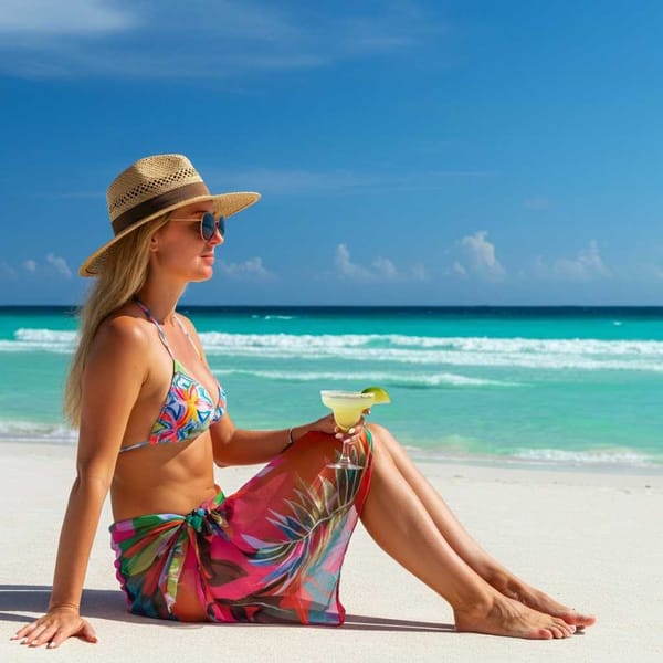 A sun-kissed traveler sips a margarita on a pristine Mexican beach.