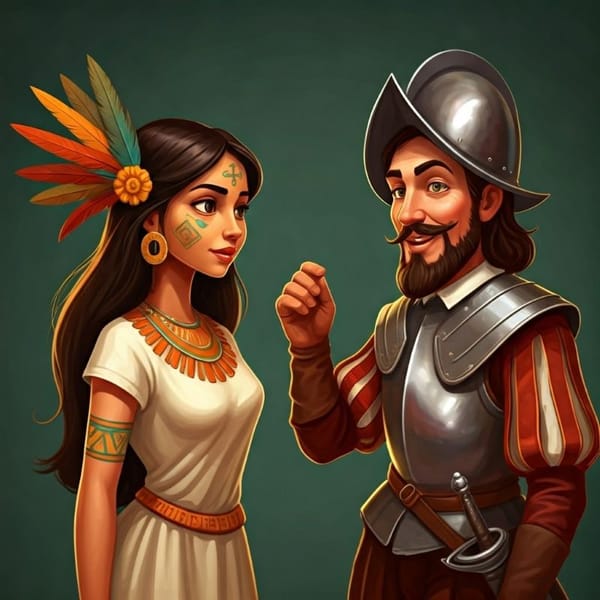 A Spanish conquistador proposing to an Aztec princess, with a mischievous glint in his eye.