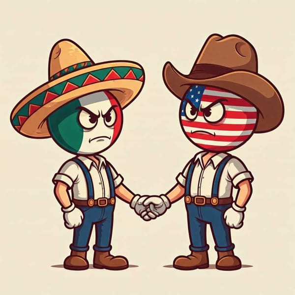 A cartoon of Mexico and the US holding hands, but also glaring at each other.