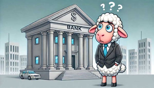 A sheep wearing a suit and tie, looking confused, standing in front of a large, imposing bank building.