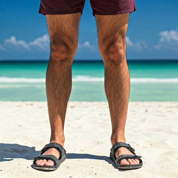 A close-up of someone's feet wearing sandals on a pristine Mexican beach.