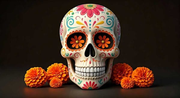 A colorful sugar skull with a playful grin, surrounded by marigolds and festive decorations.