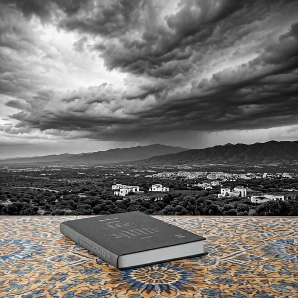 A dramatic image of a stormy sky over a Mexican landscape, with a book on a table.