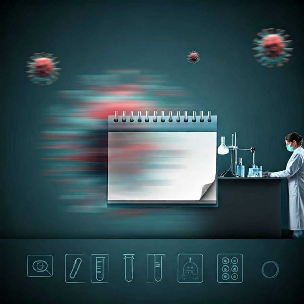 A fast-moving virus particle mutating, contrasted with a slow-motion image of a scientist working in a lab.