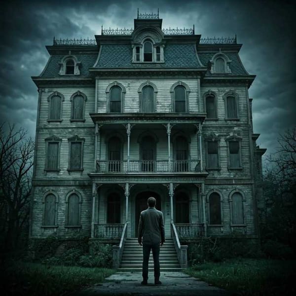 A man standing in front of a haunted house, looking intrigued.