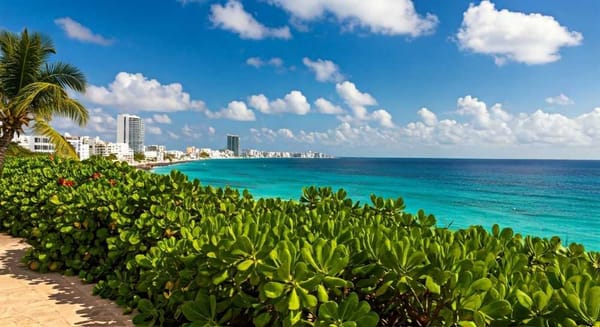 A panoramic view of Cancun, with lush vegetation, sparkling water, and a vibrant cityscape.