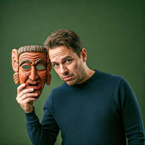 A person holds up a hand-carved wooden mask with a playful grin.