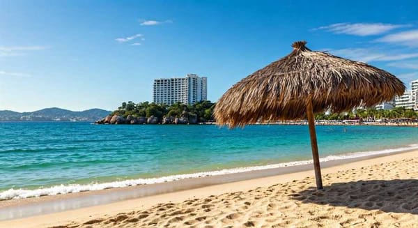 A photo of a beach scene in Acapulco, with a building in the background.