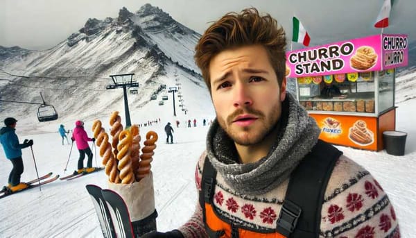 A skier stands on a snowy Mexican volcano, looking slightly bewildered. Churro stand in the background.