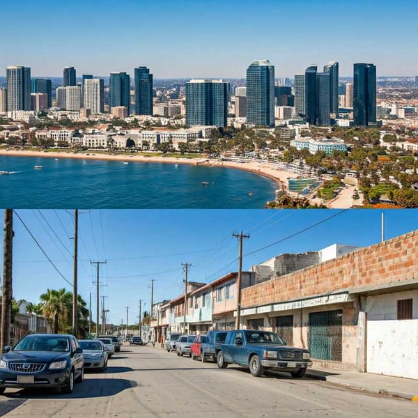 A split image contrasting a luxurious scene in San Diego with a more modest scene in Tijuana.