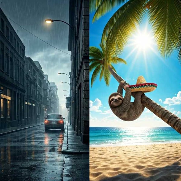 A split image: a dreary, rainy street scene, a sunny Mexican beach with a sloth.