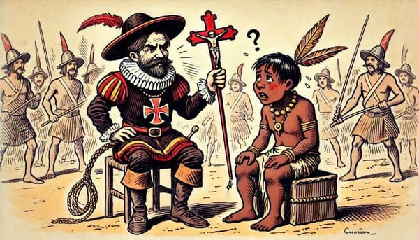 A cartoon of a Spanish conquistador holding a cross in one hand and a whip in the other.