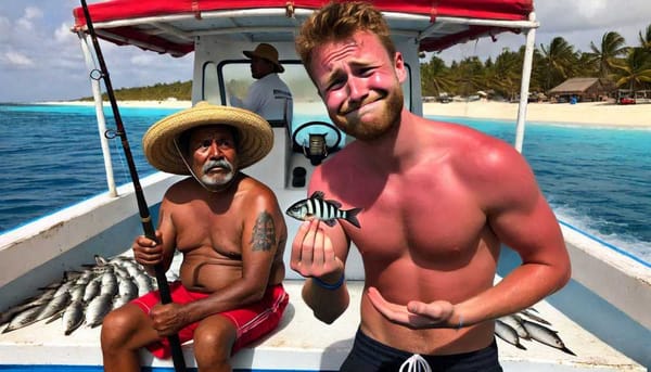 Sunburnt man holding a tiny fish next to a bemused Mexican fisherman on a small boat.