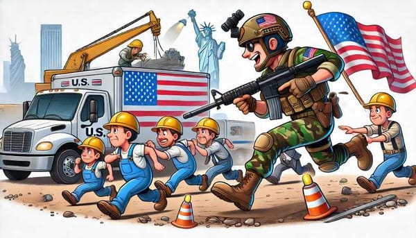 A cartoon illustration of a US soldier chasing a group of people dressed in construction worker clothes.