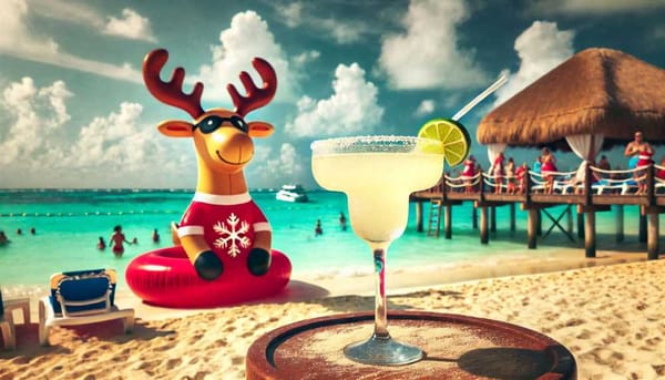 A vibrant image of a margarita glass on a Cancun beach with a festive inflatable reindeer in the background.