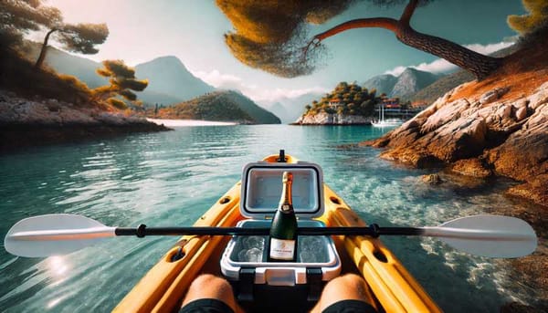 A person kayaking in a beautiful bay, with a bottle of champagne chilling in a nearby cooler.