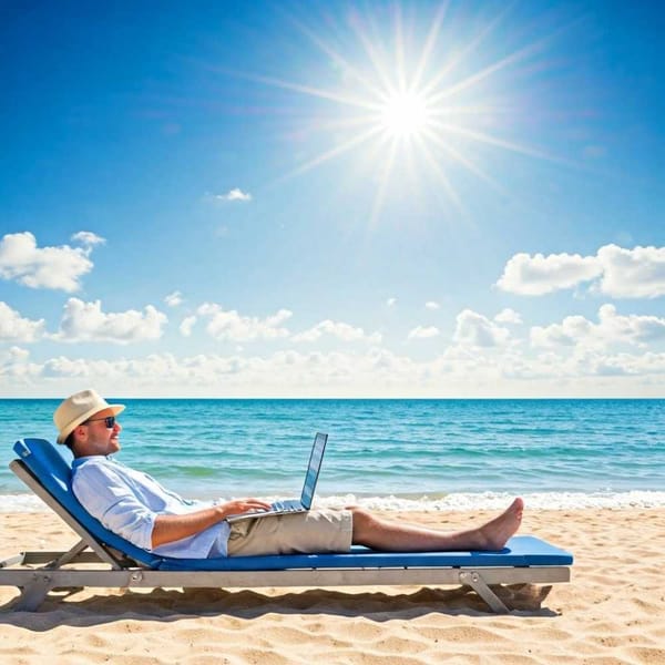 A person lounging in a hammock on a Mexican beach, with a laptop displaying a video call with a therapist.