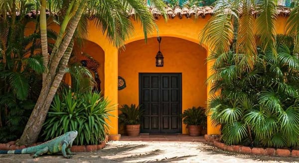 A charming, rustic Mexican hotel with vibrant local decorations and an iguana blended into the scene.