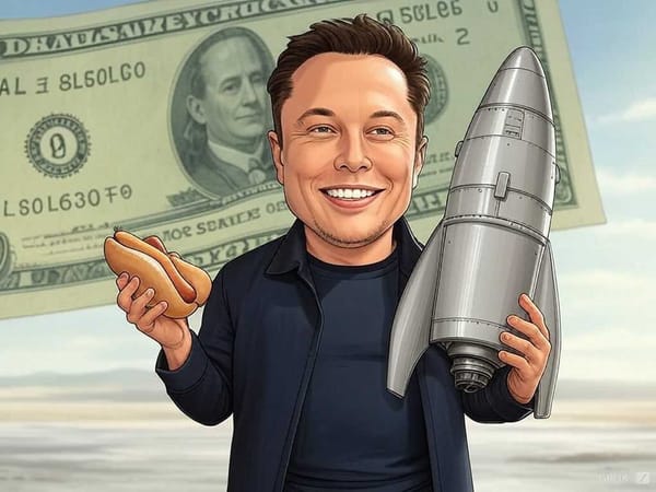 A smiling Elon Musk holds a hot dog in one hand and a rocket in the other.