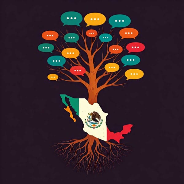 Depicting a stylized tree with roots extending into the shape of Mexico, with speech bubbles.