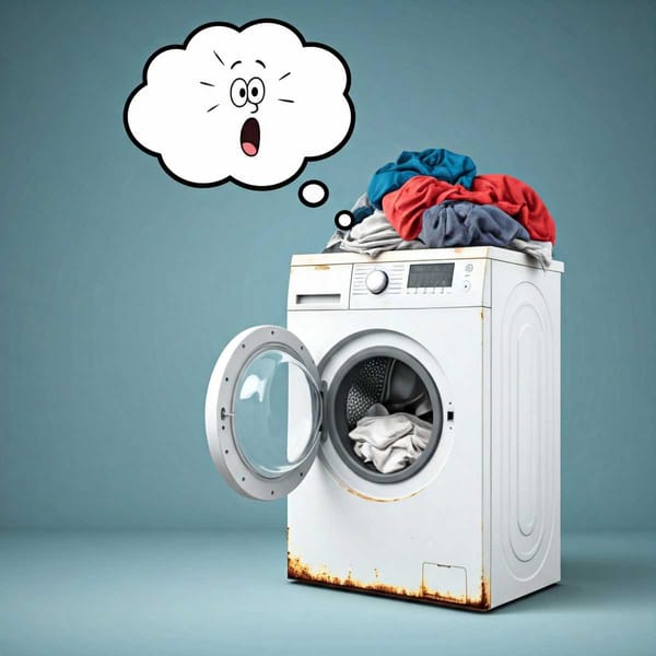 A photo of a washing machine overflowing with dirty clothes, with a cartoon thought bubble above it.