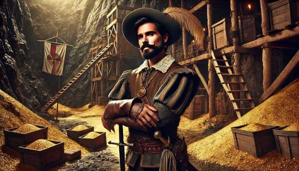 A conquistador standing in front of a gold mine, looking smug.