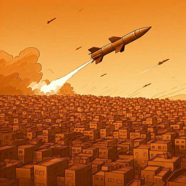 A satirical image of a neighborhood with a giant missile flying over it.