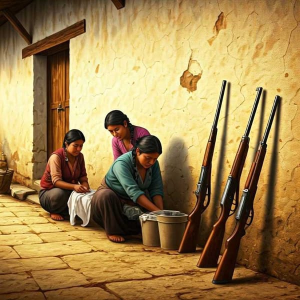 A group of Soldaderas washing clothes, with a few rifles leaning against a wall in the background.