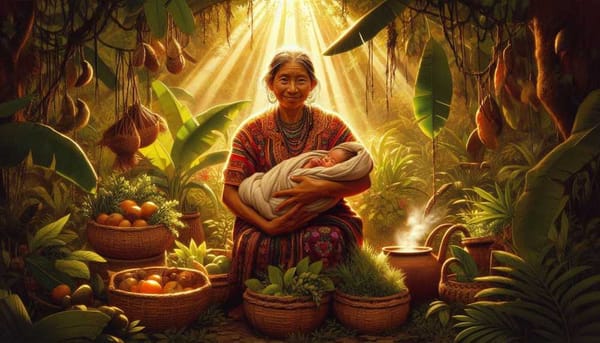 A Maya midwife grinning while holding a baby, jungle pharmacy vibes.