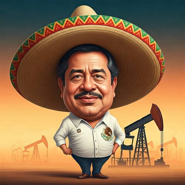 A caricature of Lázaro Cárdenas wearing a sombrero and confidently gesturing towards an oil derrick.