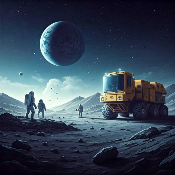 A conceptual image of a lunar mining operation, with astronauts extracting Helium-3.