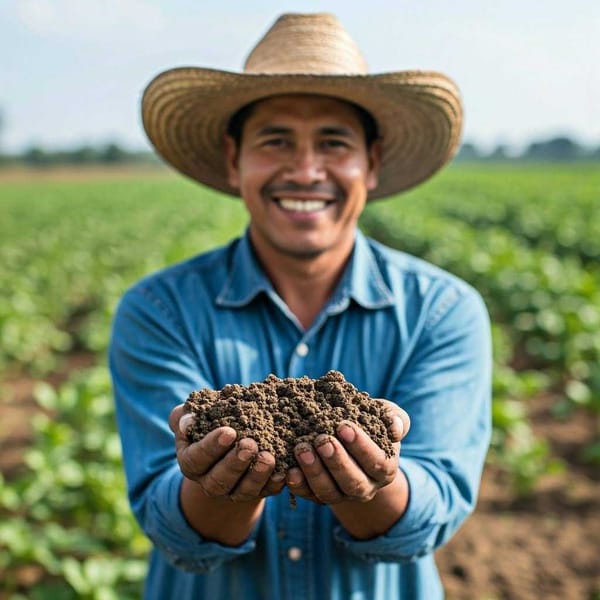 A farmer in Mexico joyfully holds a handful of rich, healthy soil.